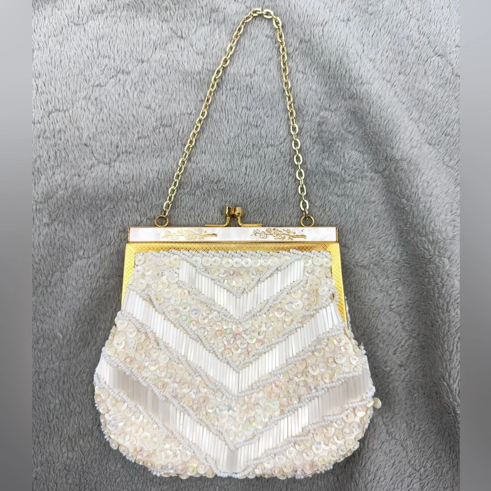 Vintage Beaded Sequin Evening Bag Purse Formal Clutch Old Money Chain Strap